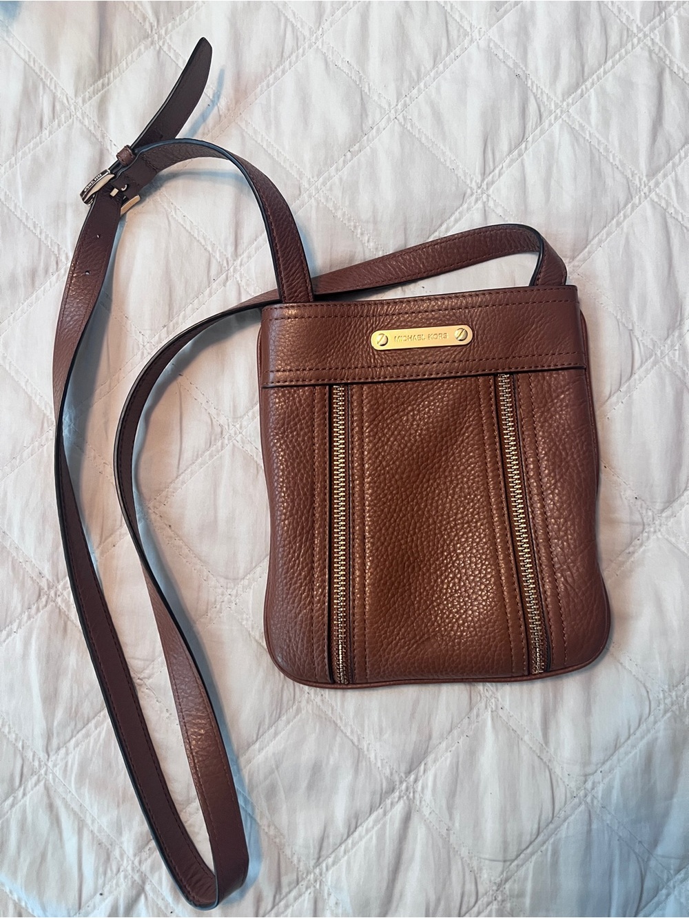 Michael Kors Brown Pebbled Leather Crossbody Bag with Gold Hardware